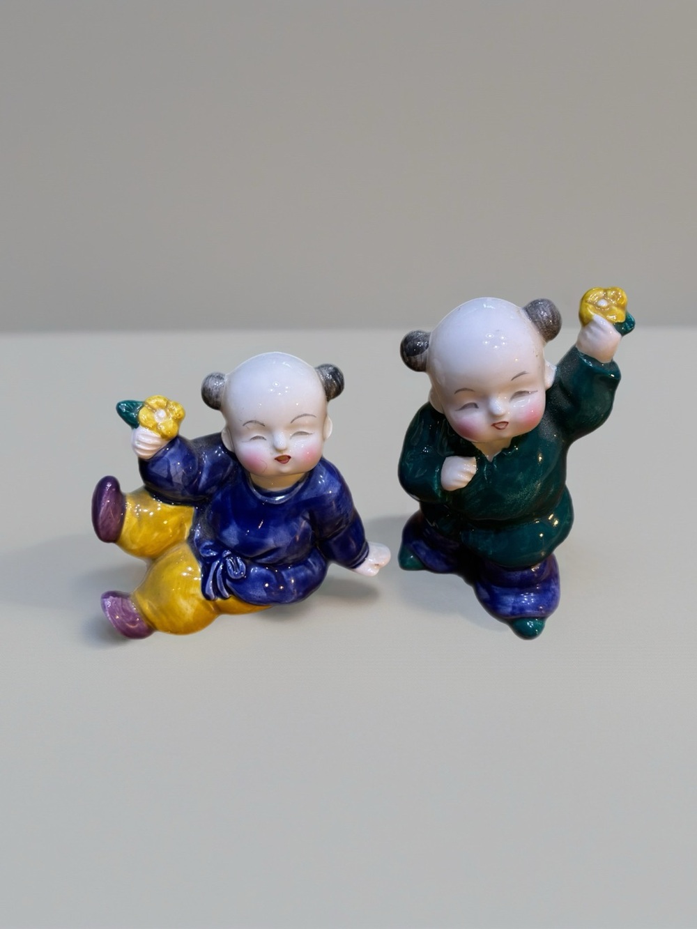 Porcelain Figurine Set – Colorful Blue, Green & Yellow